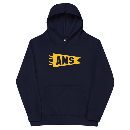 Airport Code Kid's Hoodie - Yellow Graphic • AMS Amsterdam • YHM Designs - Image 01