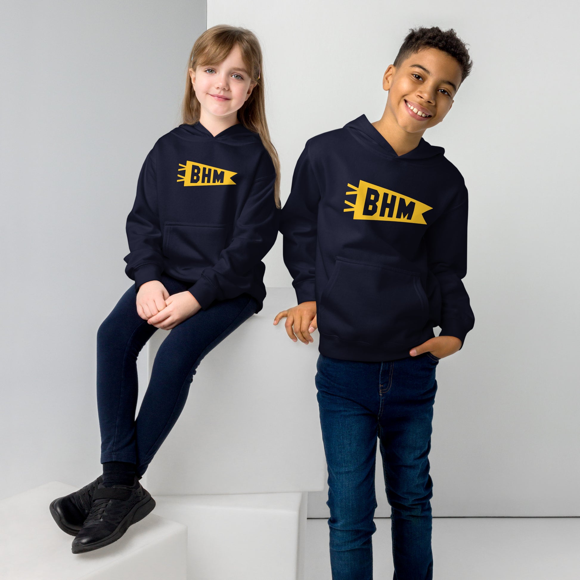 Airport Code Kid's Hoodie - Yellow Graphic • BHM Birmingham • YHM Designs - Image 03