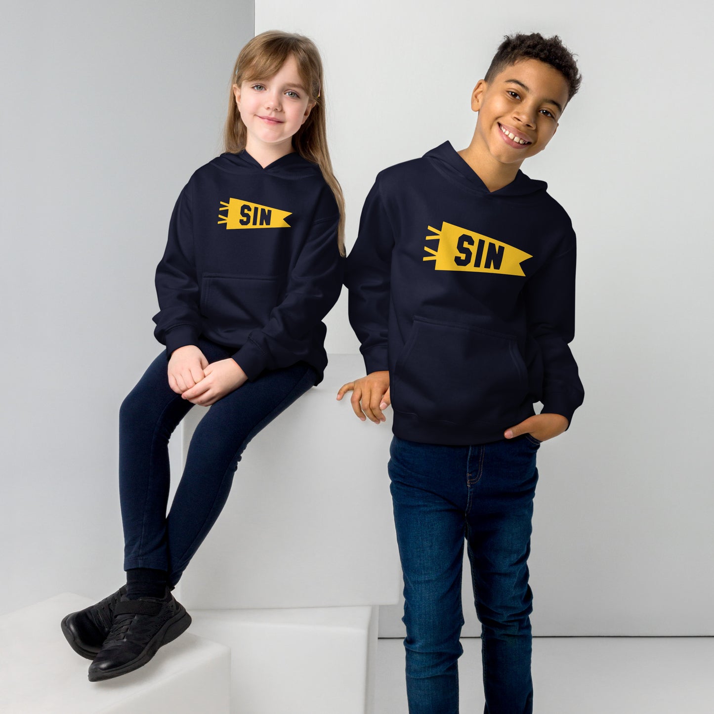 SIN Singapore Kid's Fleece Hoodie • Banner Design in Yellow • YHM Designs - Image 03