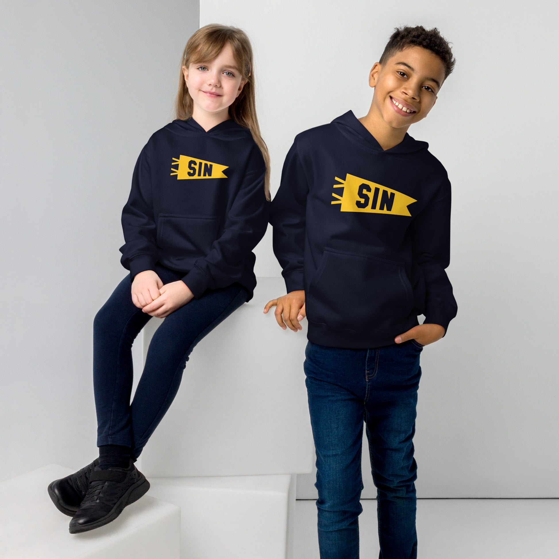 SIN Singapore Kid's Fleece Hoodie • Banner Design in Yellow • YHM Designs - Image 03