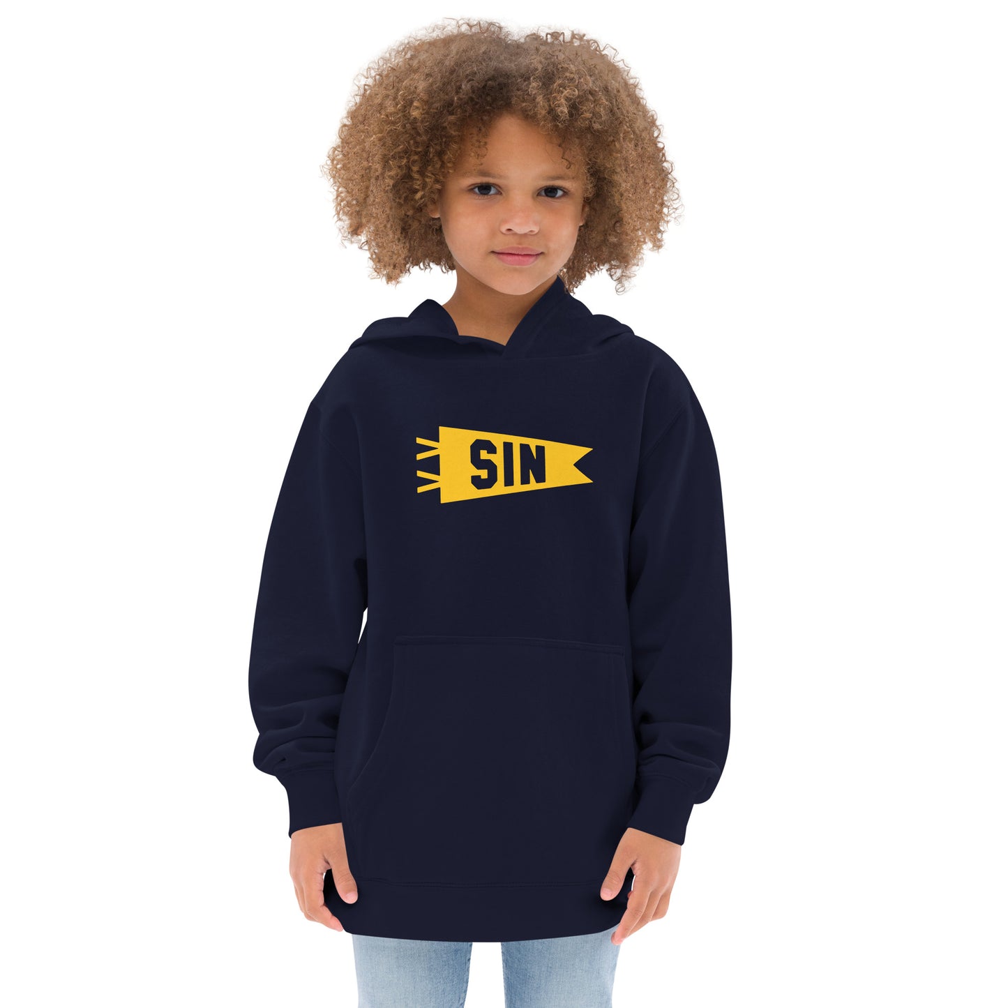 SIN Singapore Kid's Fleece Hoodie • Banner Design in Yellow • YHM Designs - Image 07
