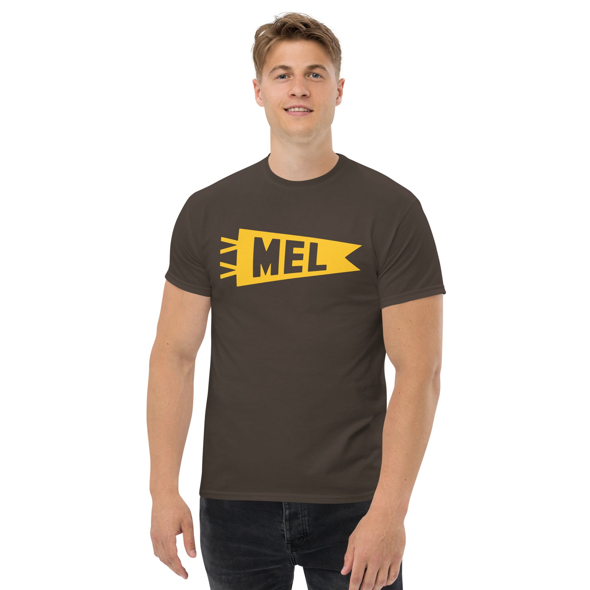 Airport Code Men's T-Shirt - Yellow Graphic • MEL Melbourne Souvenir • YHM Designs - Image 03
