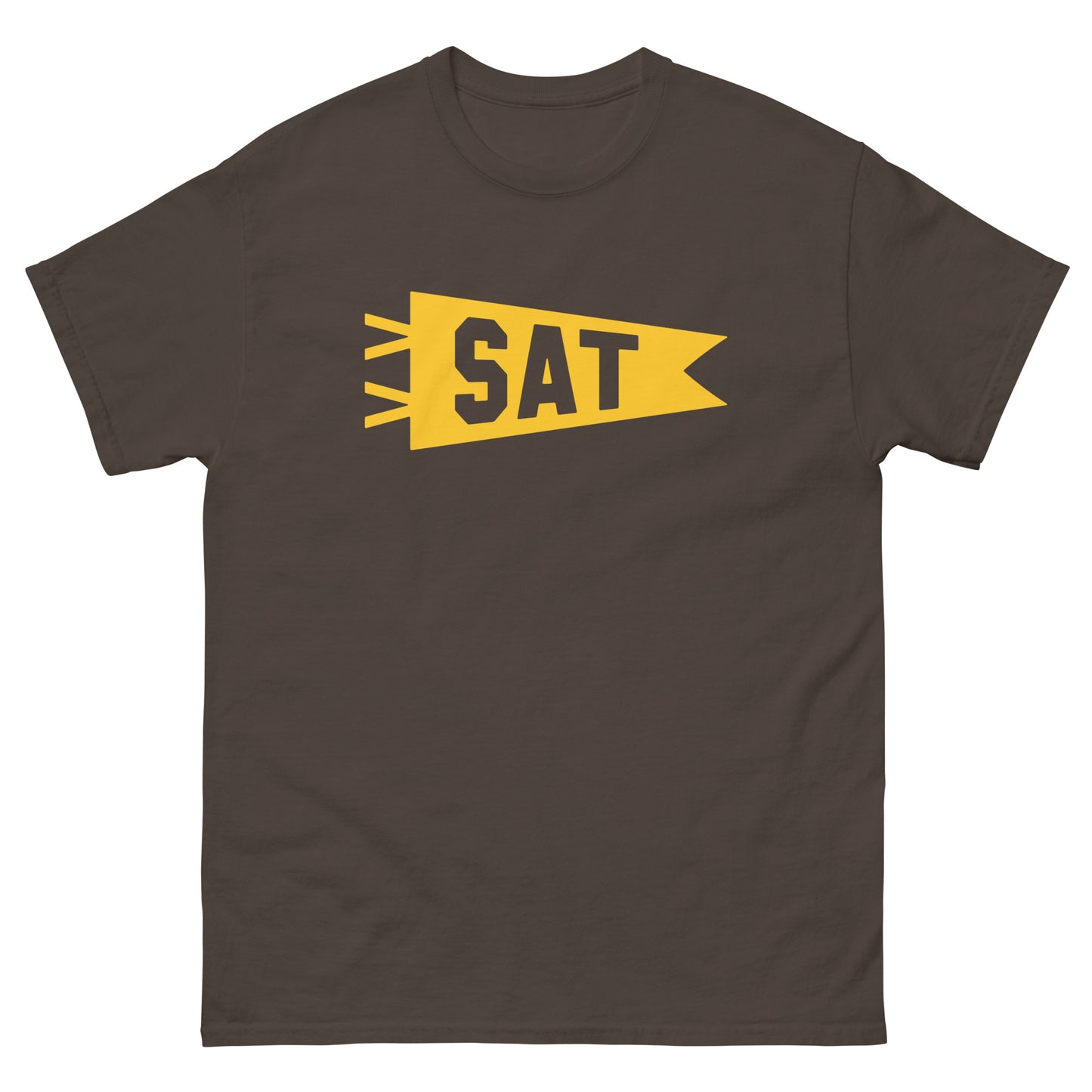 Airport Code Men's T-Shirt - Yellow Graphic • SAT San Antonio Souvenir • YHM Designs - Image 01