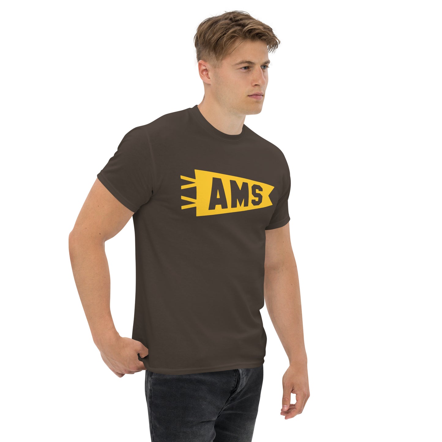 Airport Code Men's T-Shirt - Yellow Graphic • AMS Amsterdam • YHM Designs - Image 06