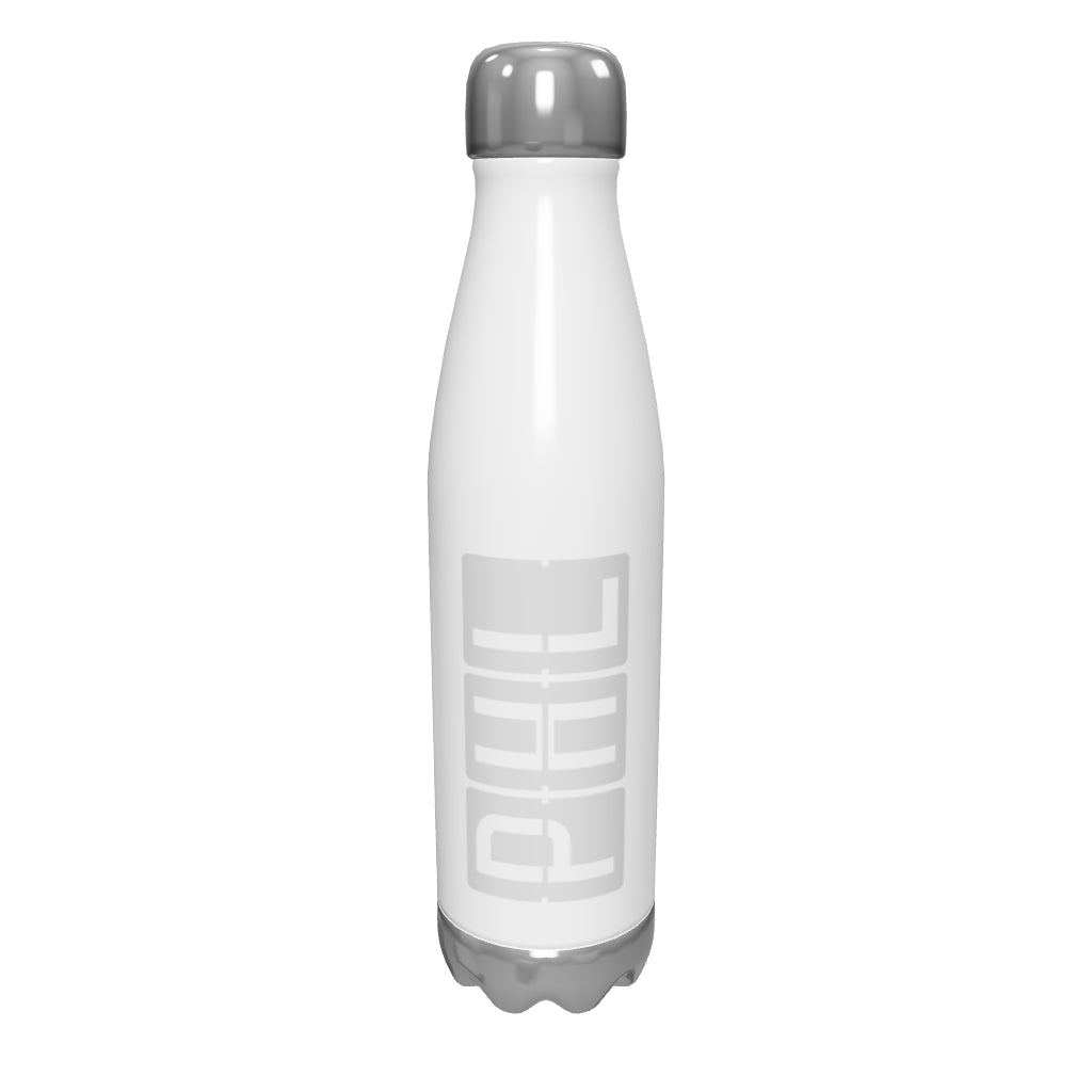 phl-philadelphia-airport-code-water-bottle-with-split-flap-display-design-in-grey