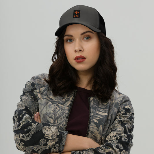 Retro Jetliner Trucker Hat • Black and Orange • AKL Auckland • YHM Designs - Image 02