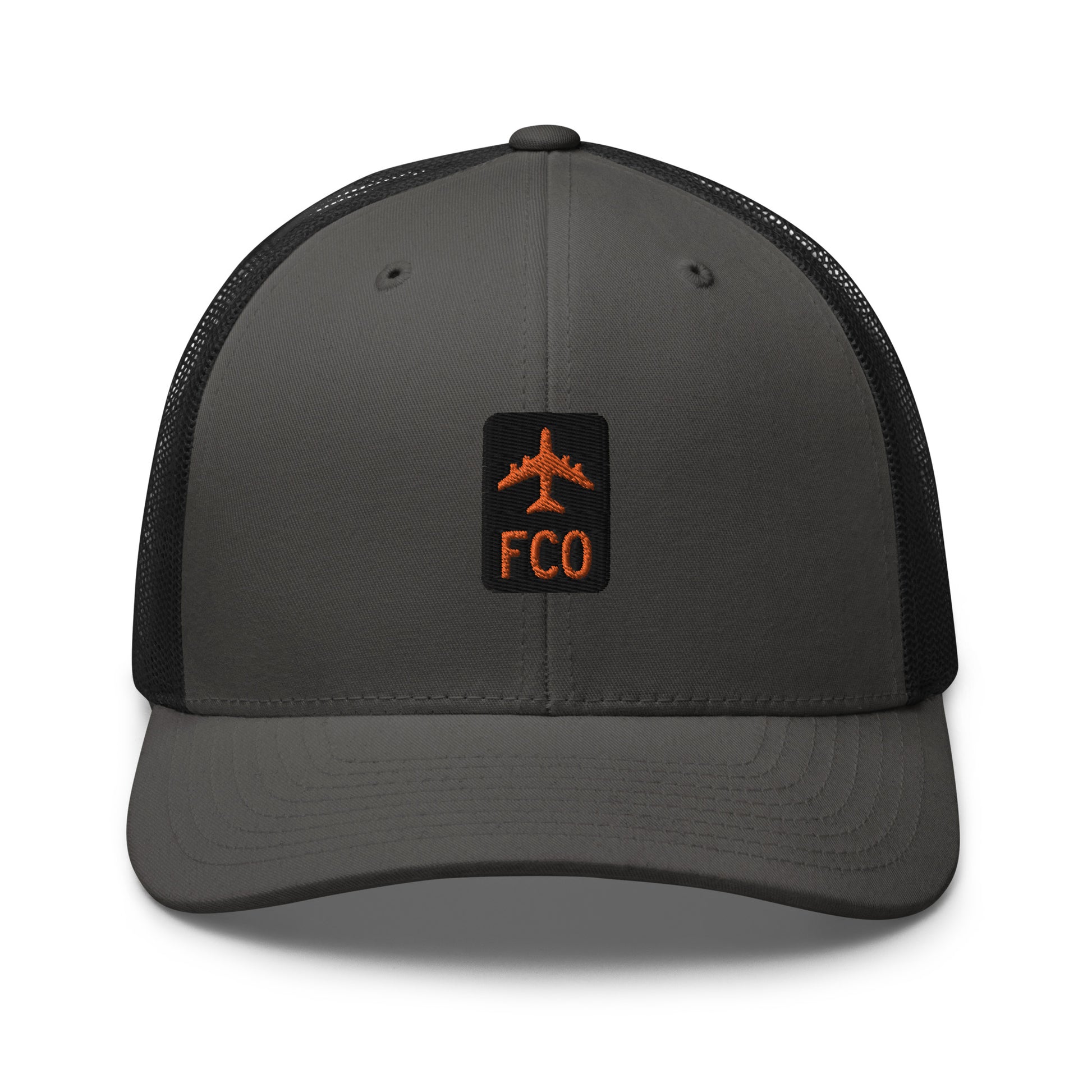Retro Jetliner Trucker Hat • Black and Orange • FCO Rome • YHM Designs - Image 05