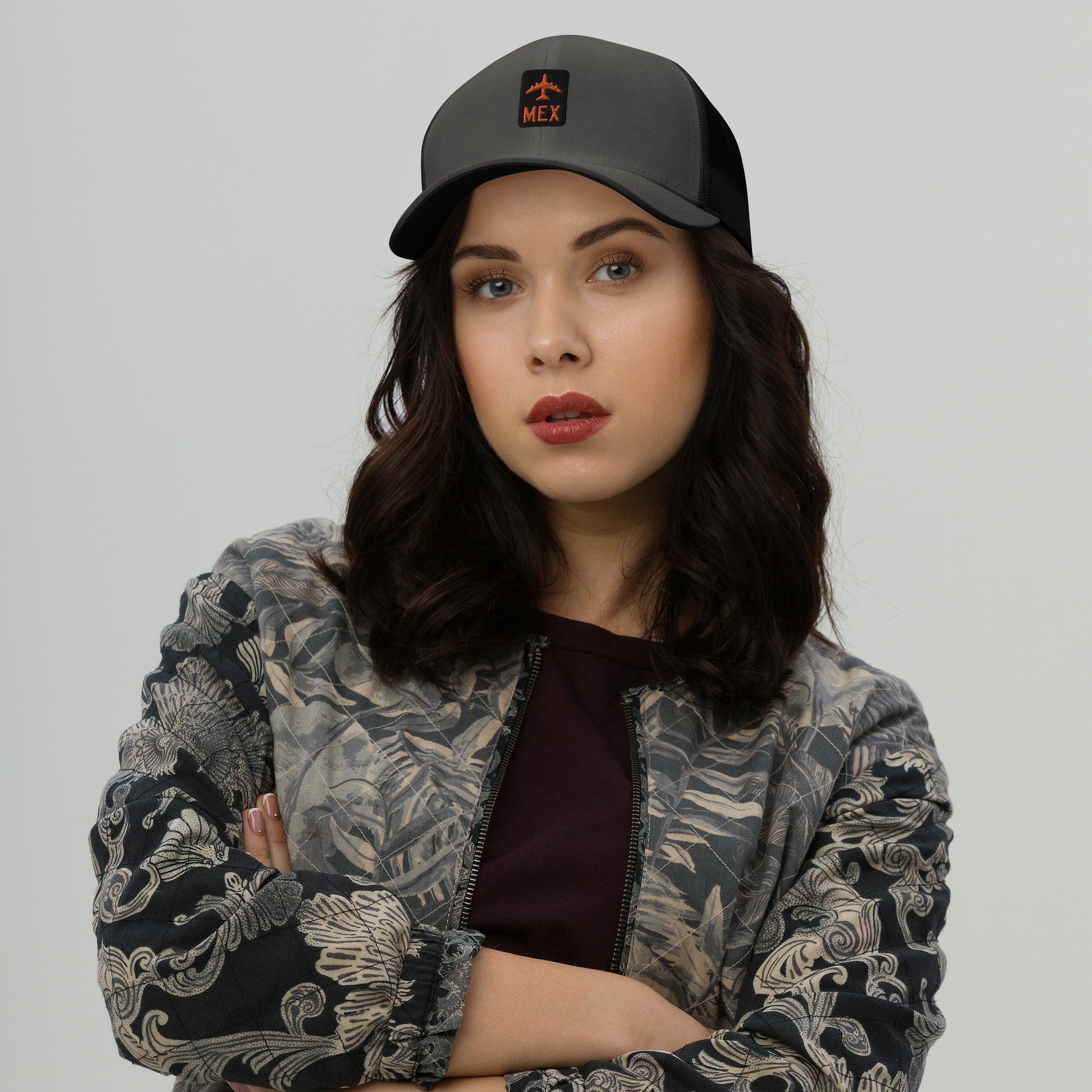 Retro Jetliner Trucker Hat • Black and Orange • MEX Mexico City • YHM Designs - Image 02