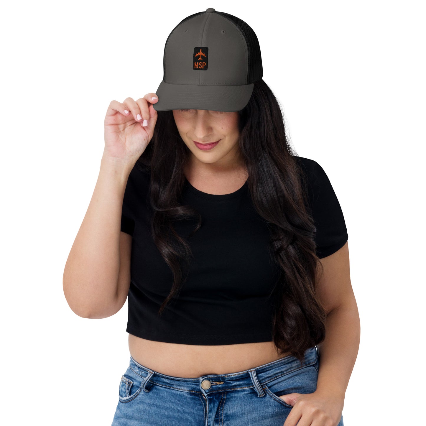 Retro Jetliner Trucker Hat • Black and Orange • MSP Minneapolis Souvenir • YHM Designs - Image 03