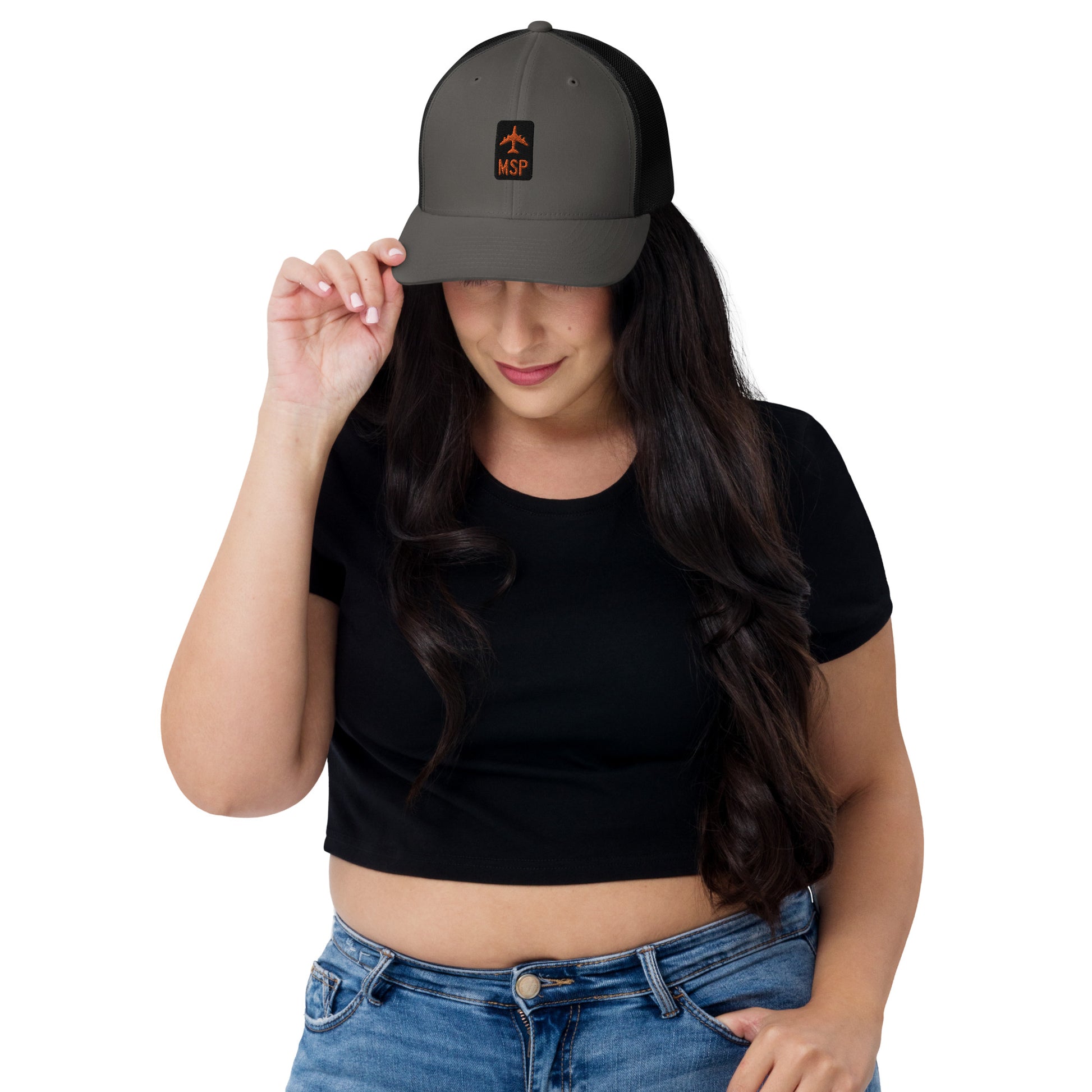 Retro Jetliner Trucker Hat • Black and Orange • MSP Minneapolis Souvenir • YHM Designs - Image 03