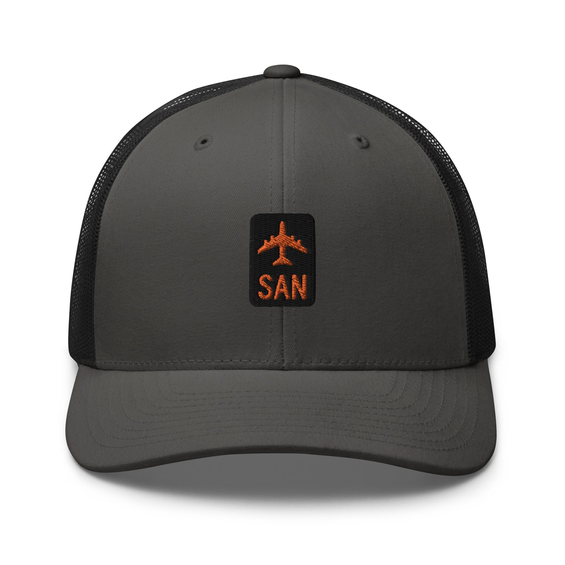 Retro Jetliner Trucker Hat • Black and Orange • SAN San Diego • YHM Designs - Image 05