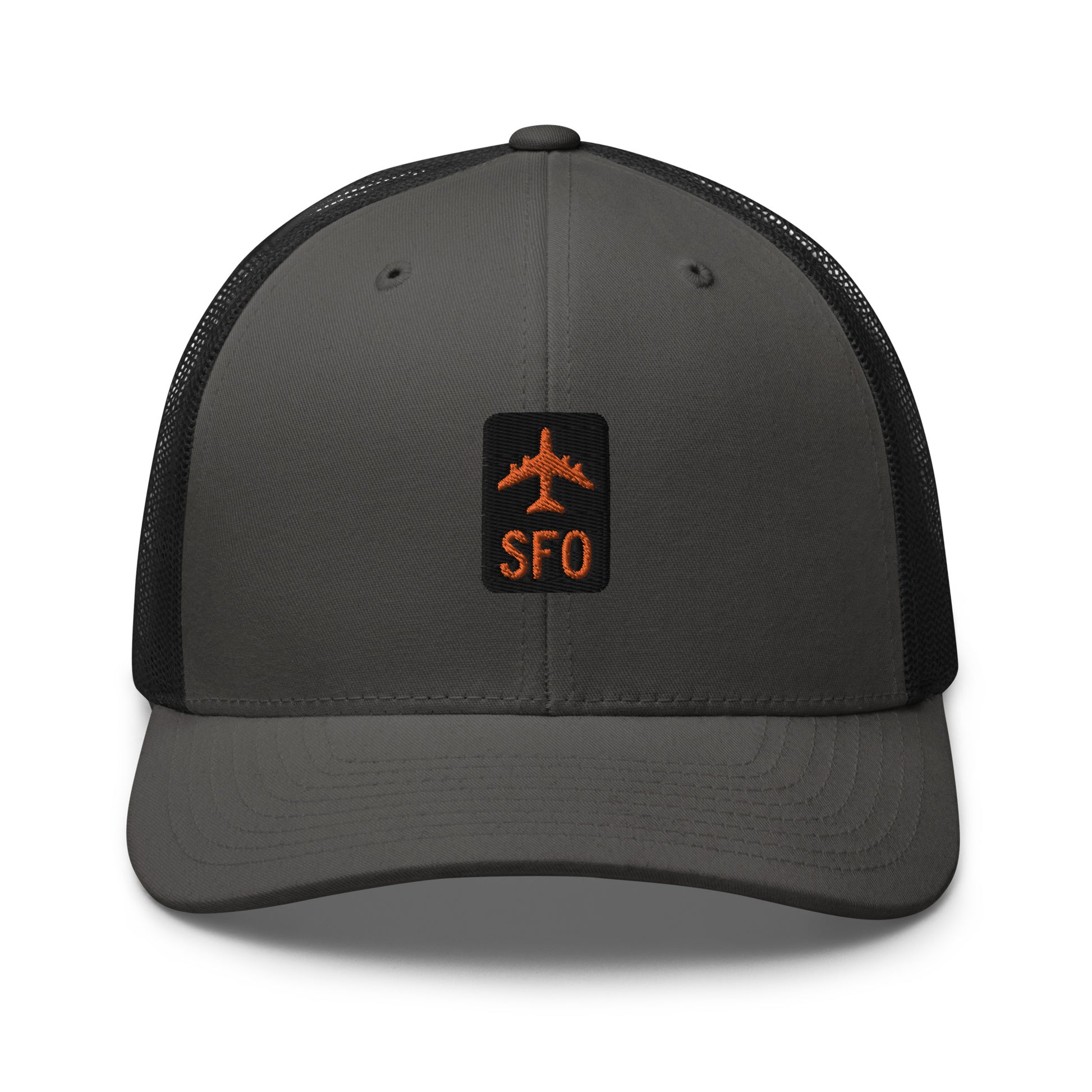 Retro Jetliner Trucker Hat • Black and Orange • SFO San Francisco • YHM Designs - Image 05