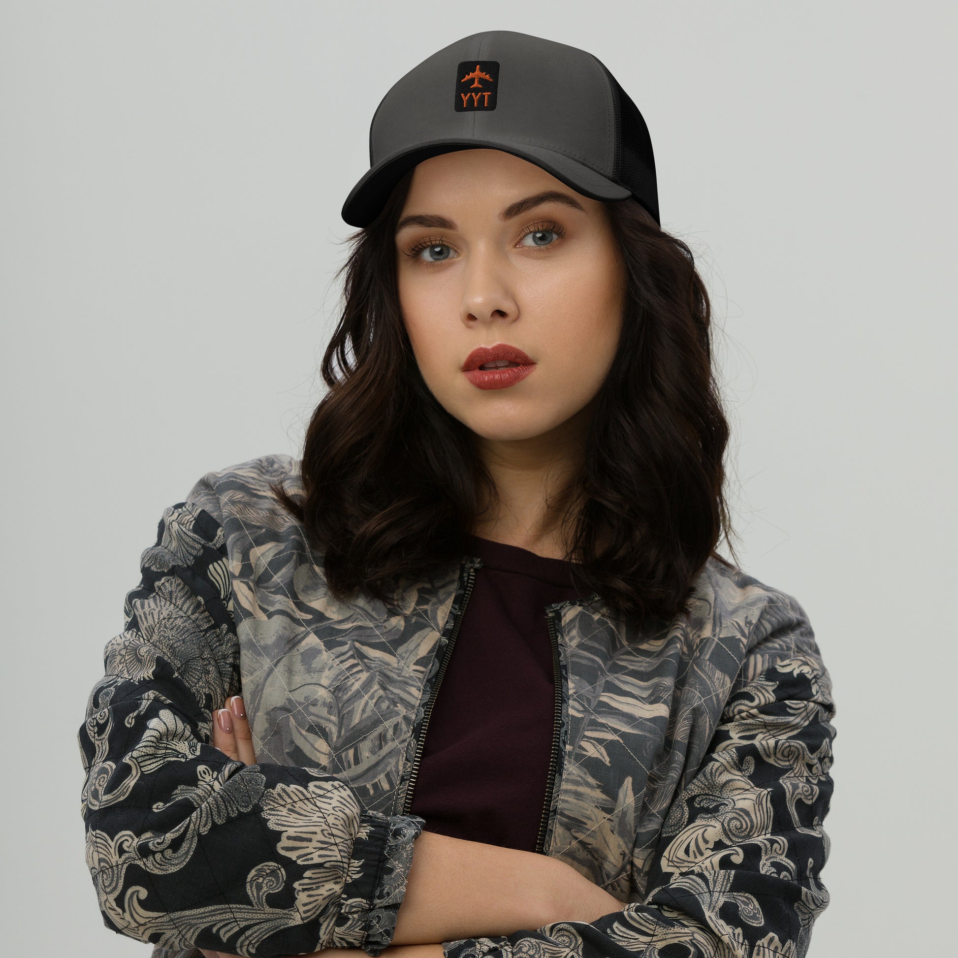 Retro Jetliner Trucker Hat • Black and Orange • YYT St. John's • YHM Designs - Image 02