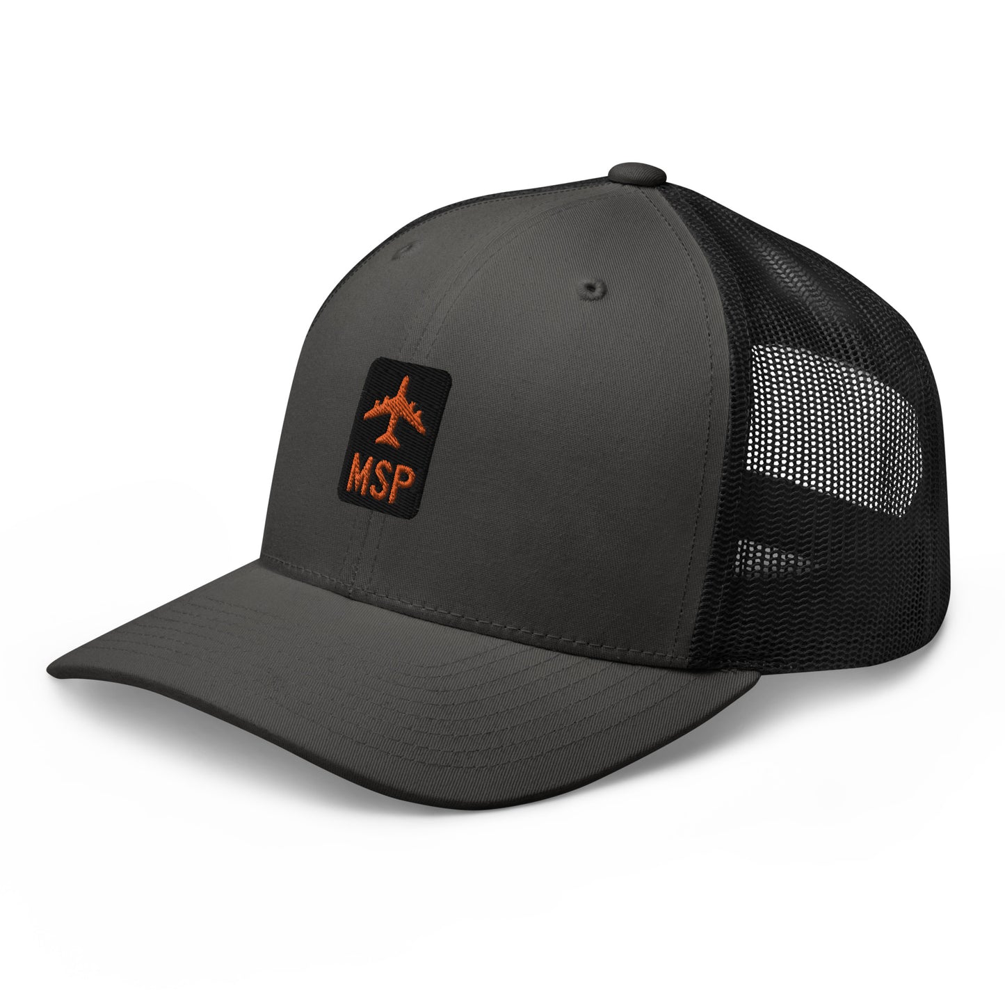 Retro Jetliner Trucker Hat • Black and Orange • MSP Minneapolis Souvenir • YHM Designs - Image 01