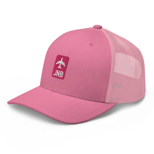 Retro Jetliner Trucker Hat • Pink and White • JNB Johannesburg • YHM Designs - Image 01
