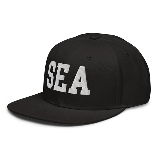College-Style Wool-Blend Snapback Hat • White • SEA Seattle • YHM Designs - Image 01
