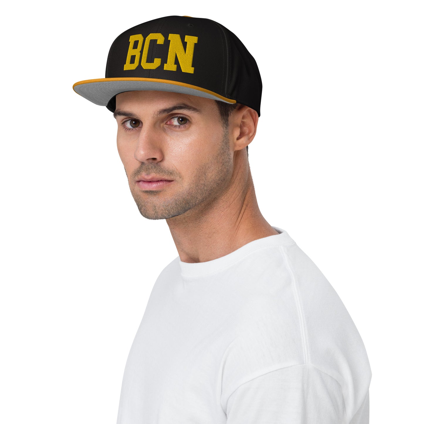 College-Style Wool-Blend Snapback Hat • Gold • BCN Barcelona • YHM Designs - Image 03