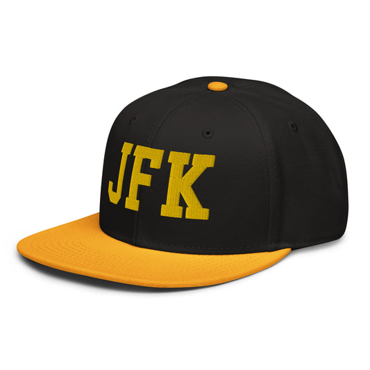 College-Style Wool-Blend Snapback Hat • Gold • JFK New York City • YHM Designs - Image 01
