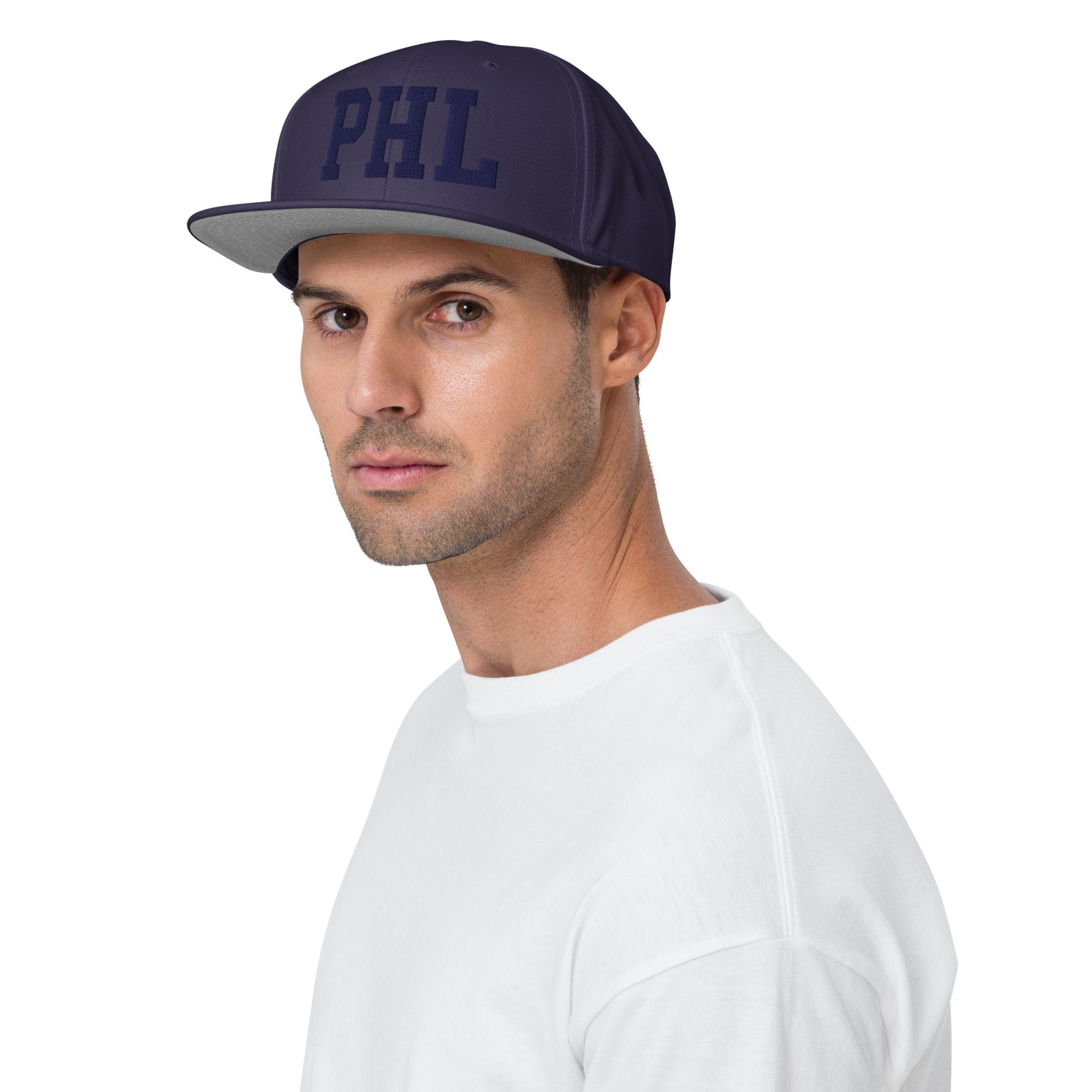 College-Style Wool-Blend Snapback Hat • Navy Blue • PHL Philadelphia • YHM Designs - Image 03