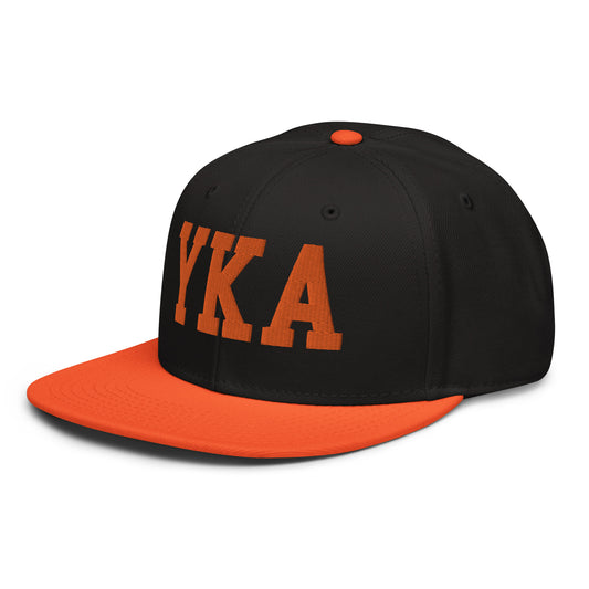 College-Style Wool-Blend Snapback Hat • Orange • YKA Kamloops • YHM Designs - Image 01