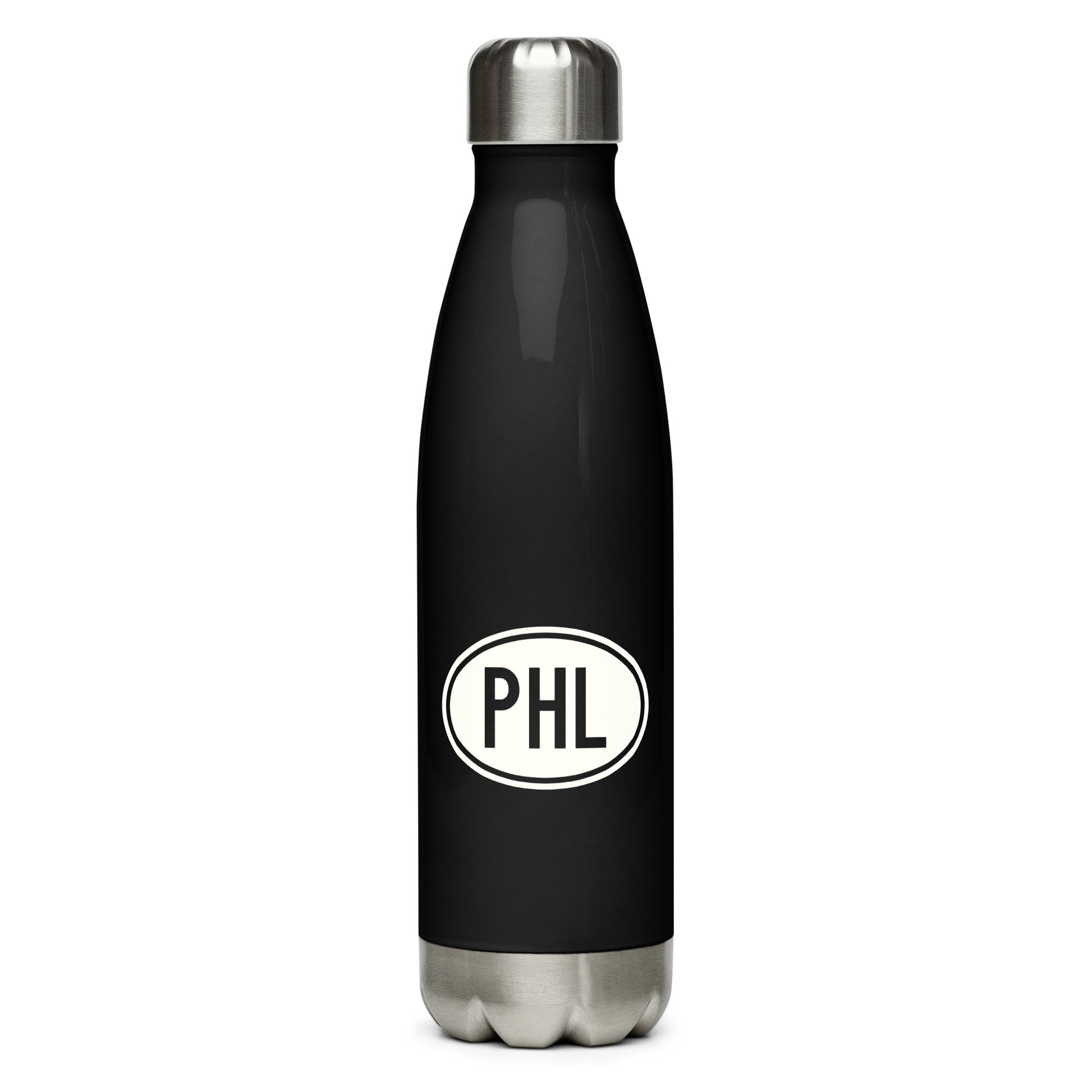 PHL Philadelphia Water Bottle • Black with Oval Car Sticker Design • YHM Designs - Image 01
