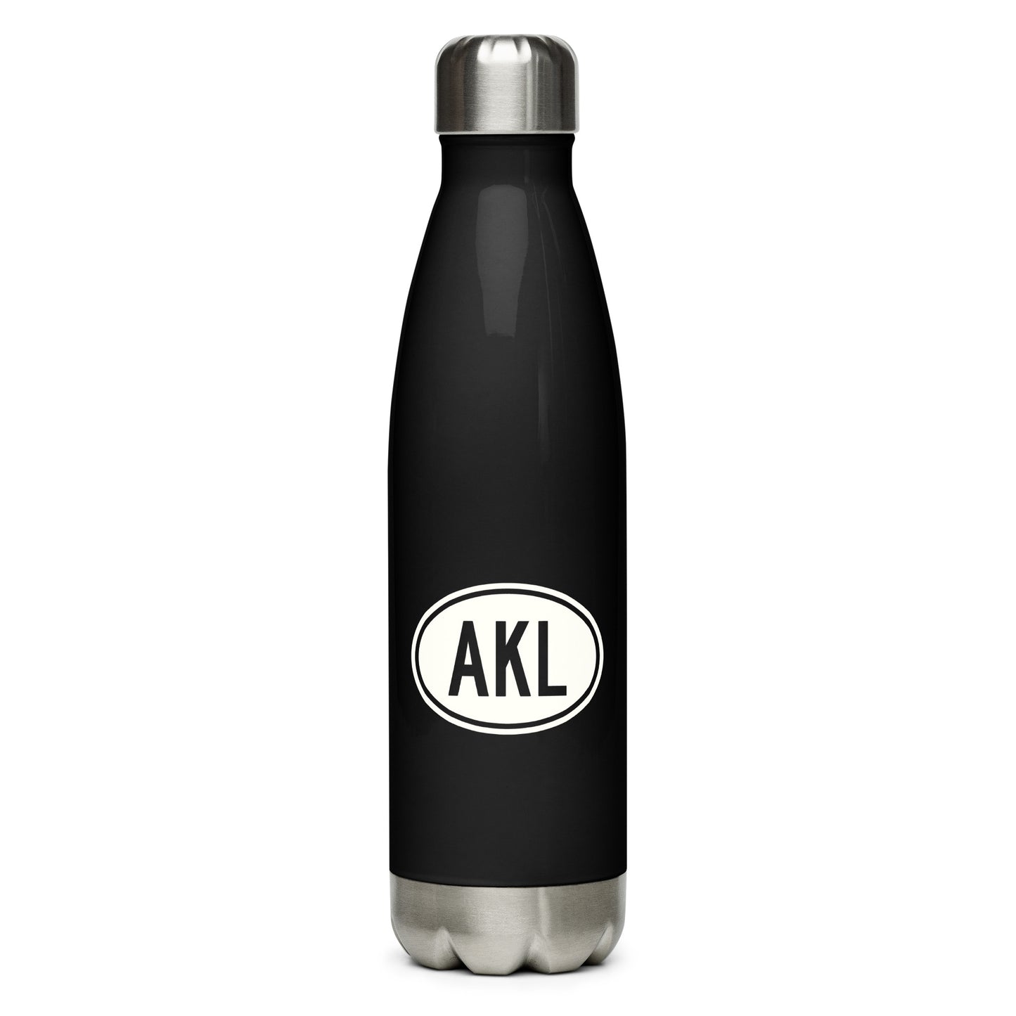 AKL Auckland Water Bottle • Black with Oval Car Sticker Design • YHM Designs - Image 01