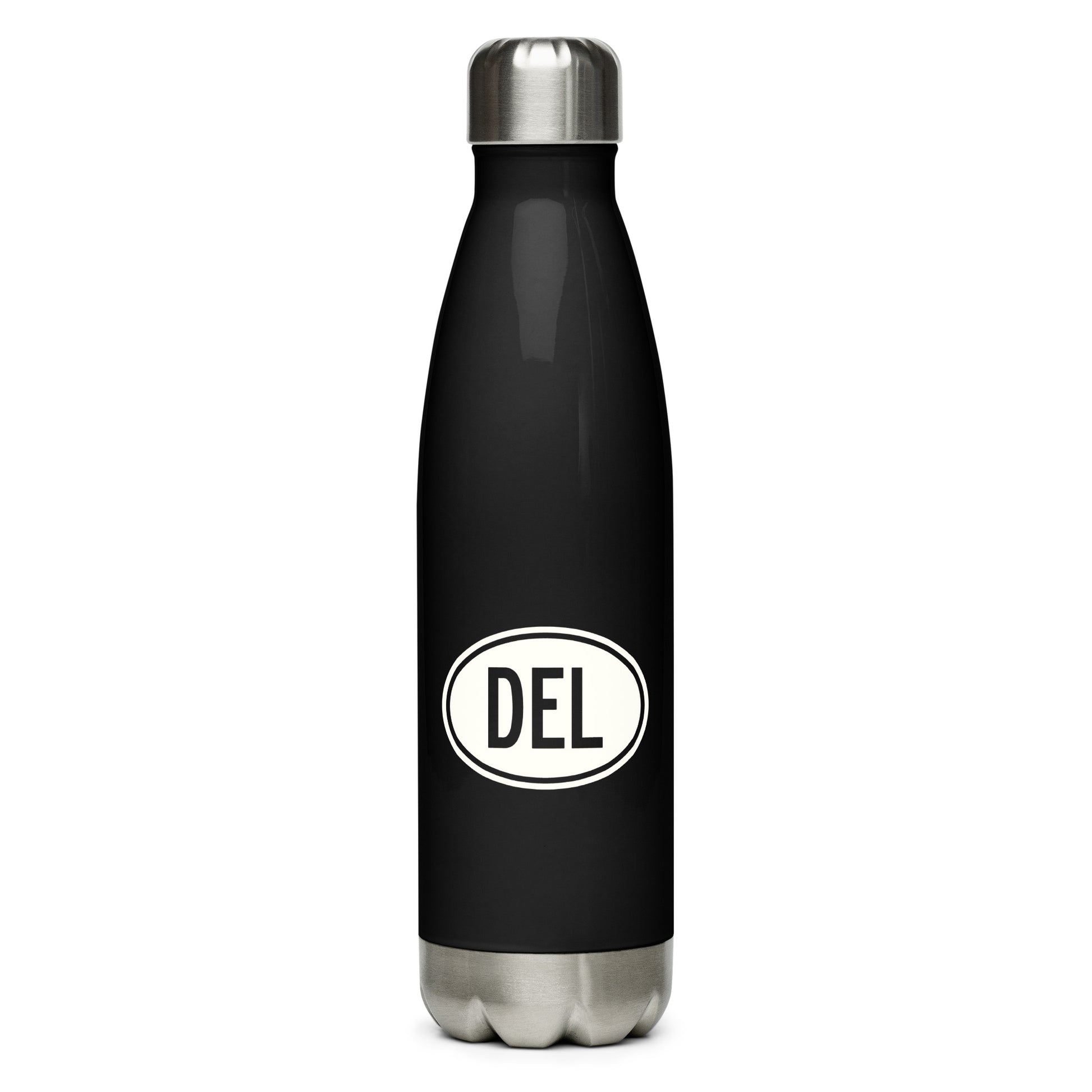 DEL Delhi Water Bottle • Black with Oval Car Sticker Design • YHM Designs - Image 01