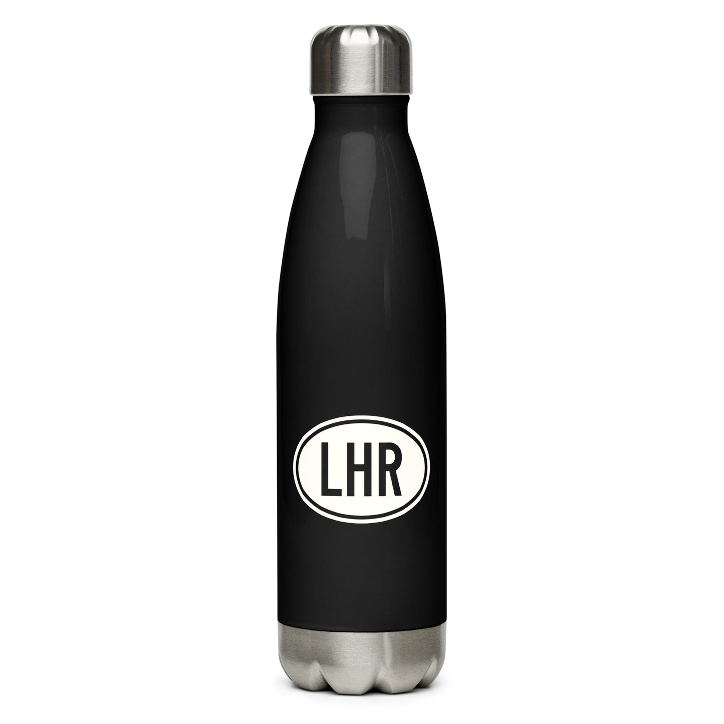 Unique Travel Gift Water Bottle - White Oval • LHR London • YHM Designs - Image 01