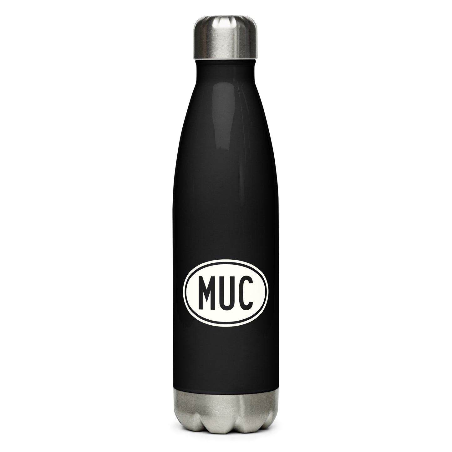 MUC Munich Water Bottle • Black with Oval Car Sticker Design • YHM Designs - Image 01
