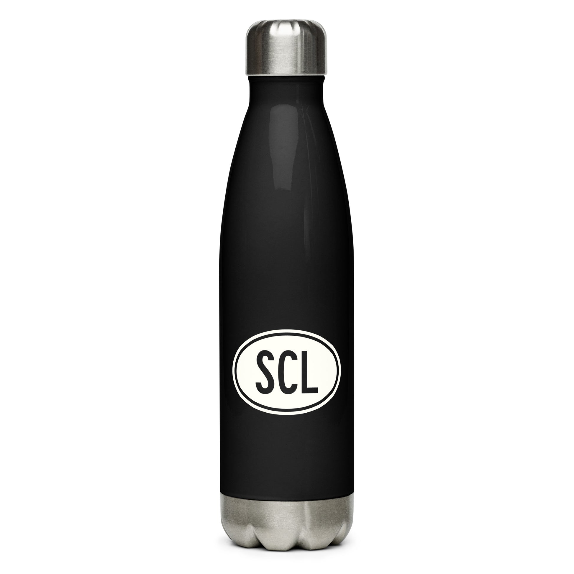 SCL Santiago Water Bottle • Black with Oval Car Sticker Design • YHM Designs - Image 01