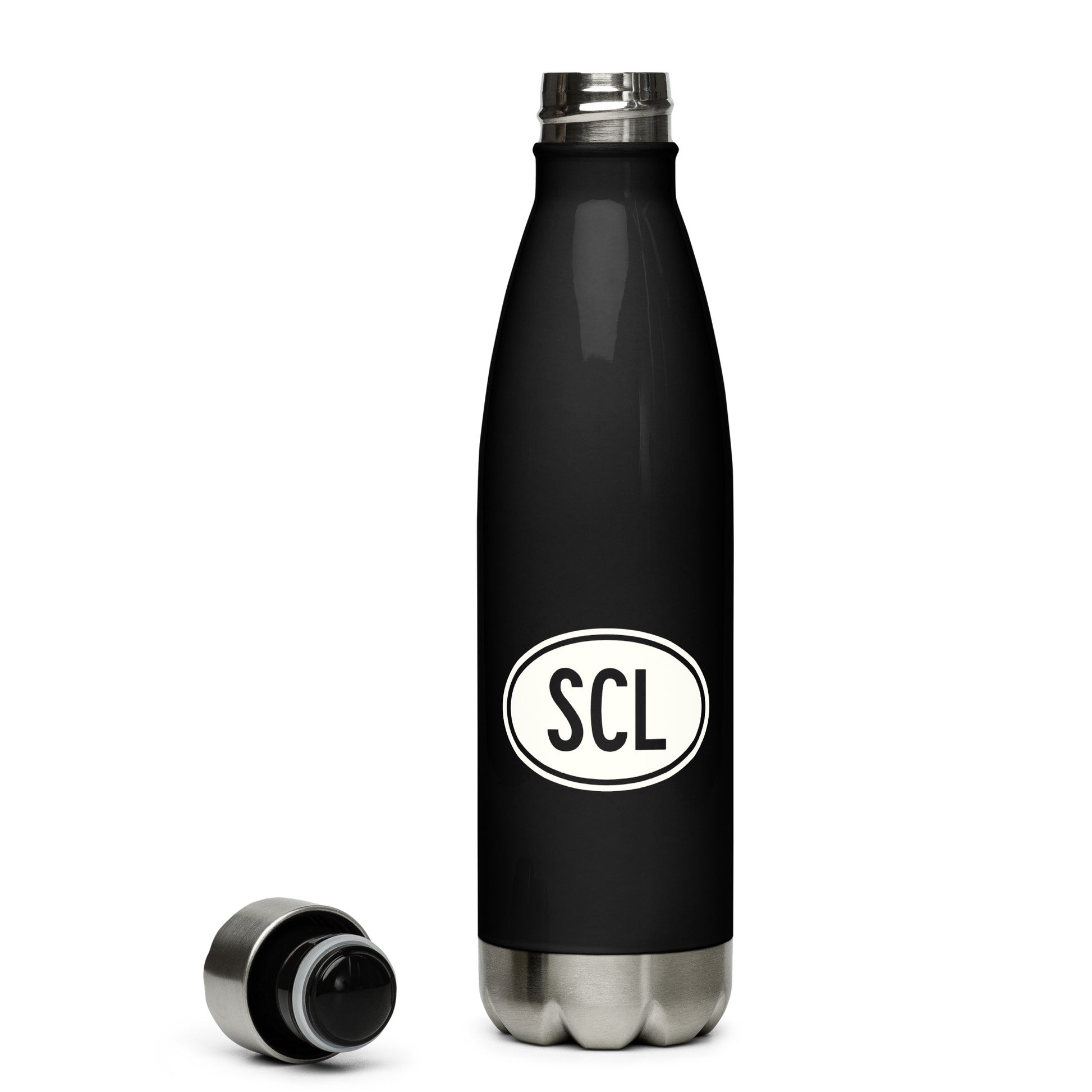 SCL Santiago Water Bottle • Black with Oval Car Sticker Design • YHM Designs - Image 04