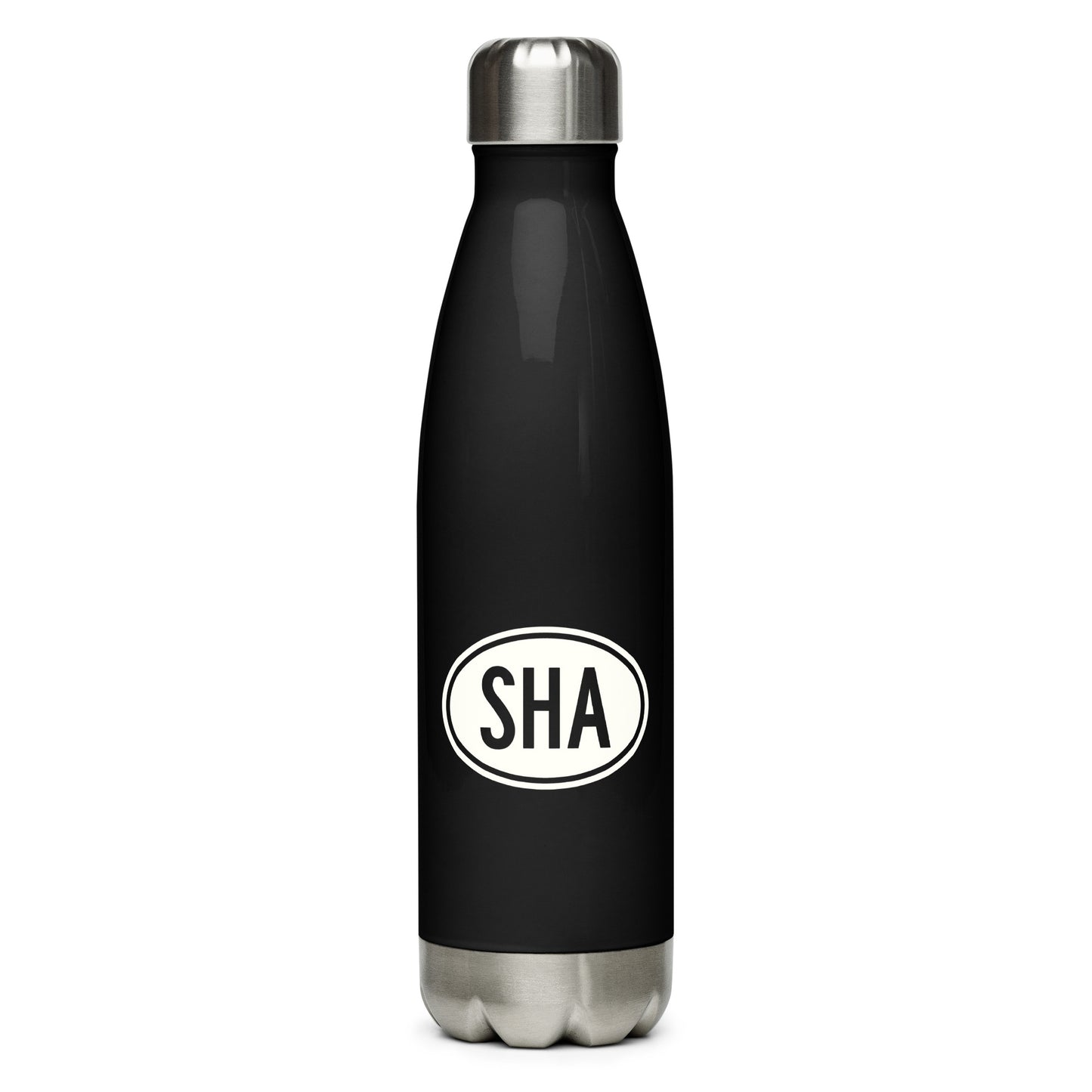 SHA Shanghai Water Bottle • Black with Oval Car Sticker Design • YHM Designs - Image 01