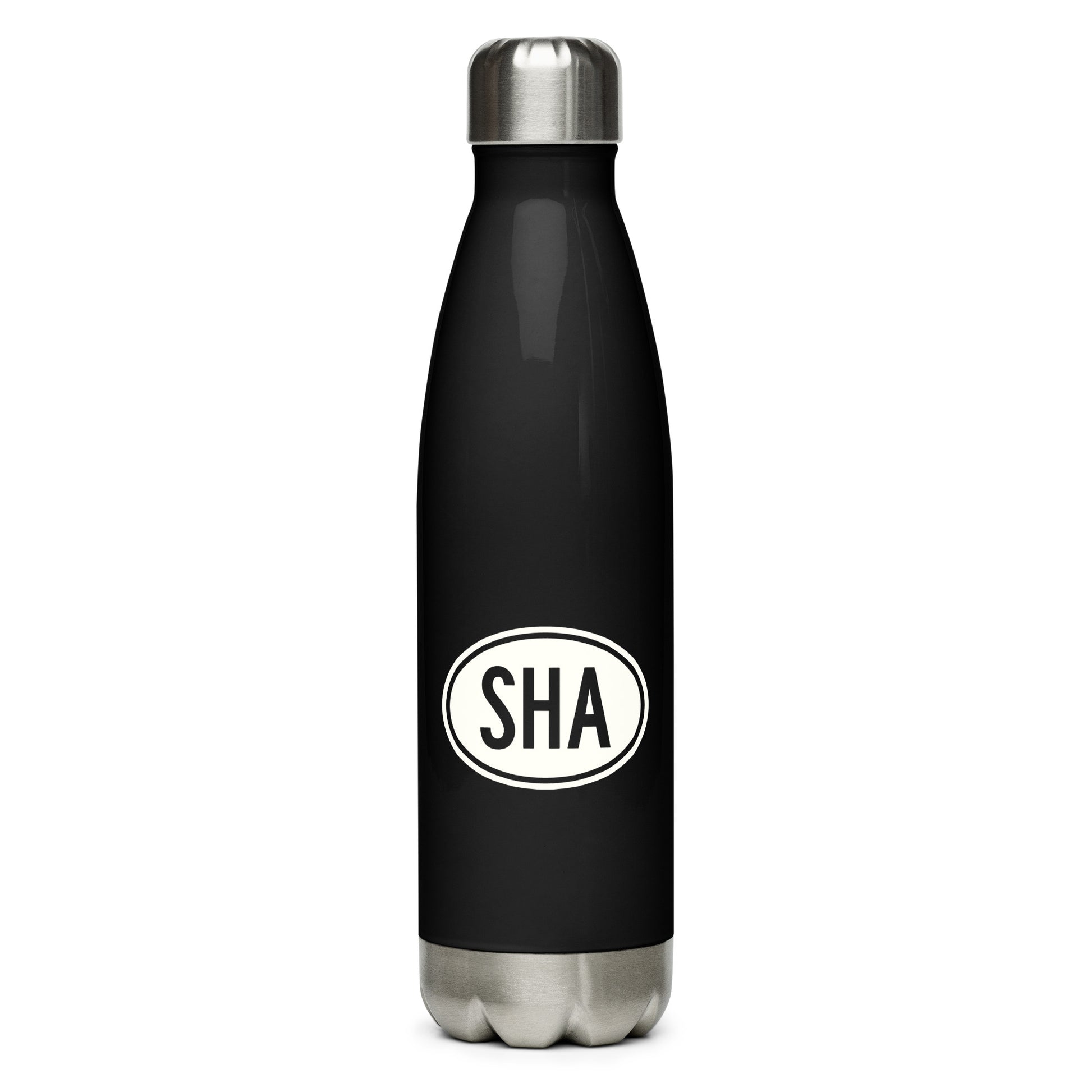 SHA Shanghai Water Bottle • Black with Oval Car Sticker Design • YHM Designs - Image 01