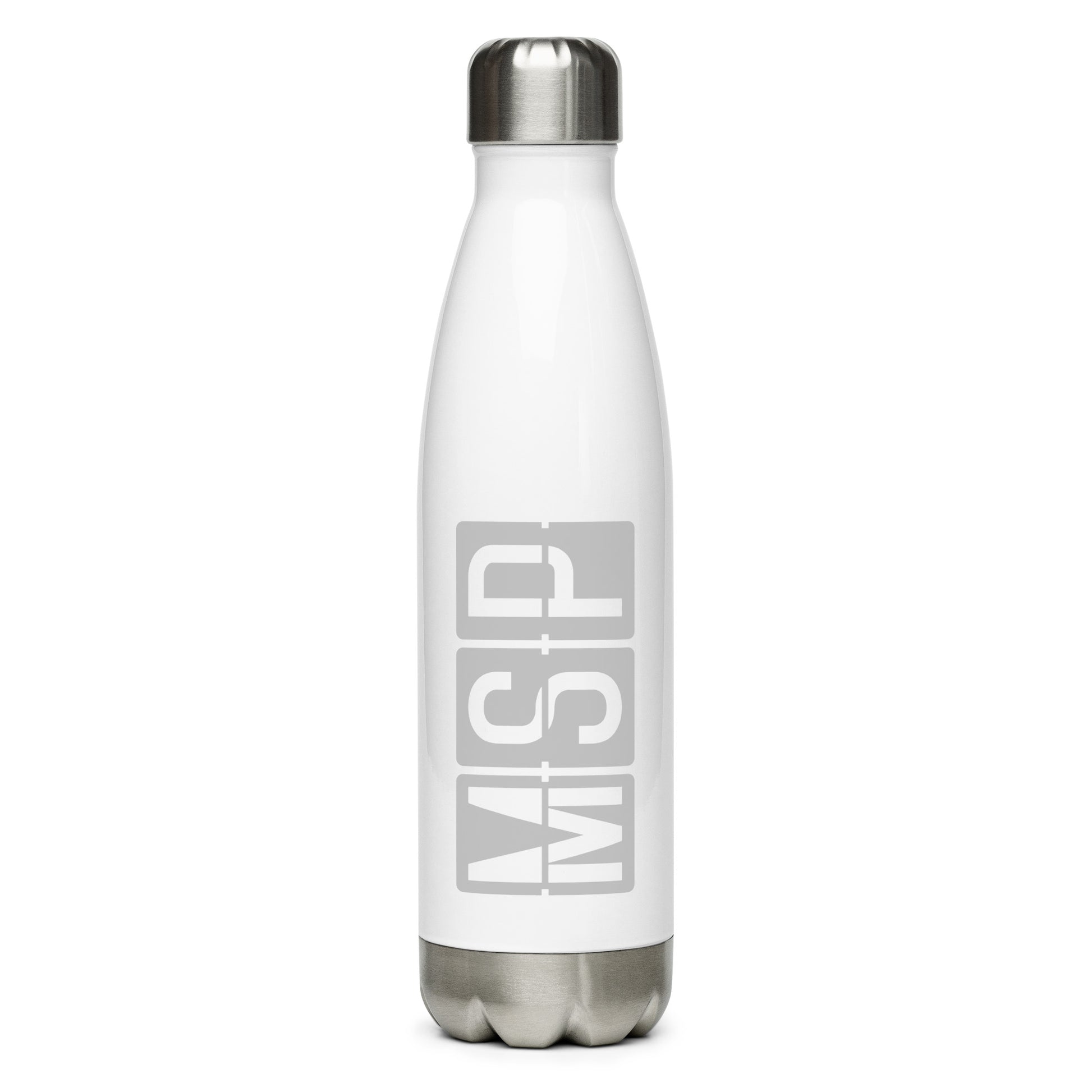 MSP Minneapolis Water Bottle • Split-Flap Display Lettering in Grey • YHM Designs - Image 01