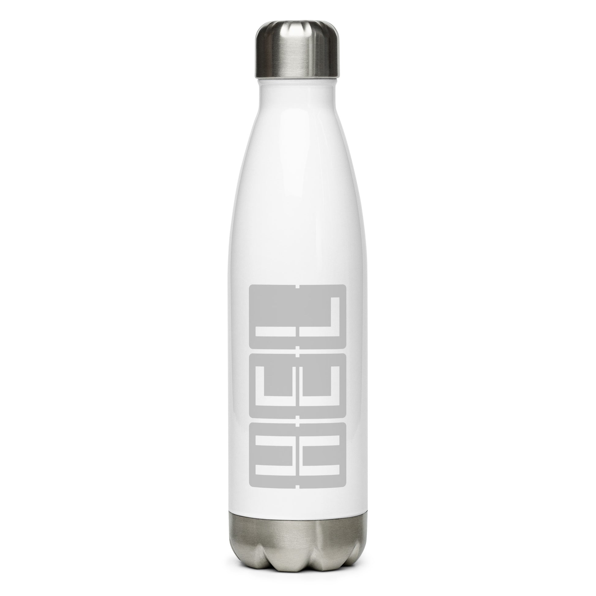 HEL Helsinki Water Bottle • Split-Flap Display Lettering in Grey • YHM Designs - Image 01