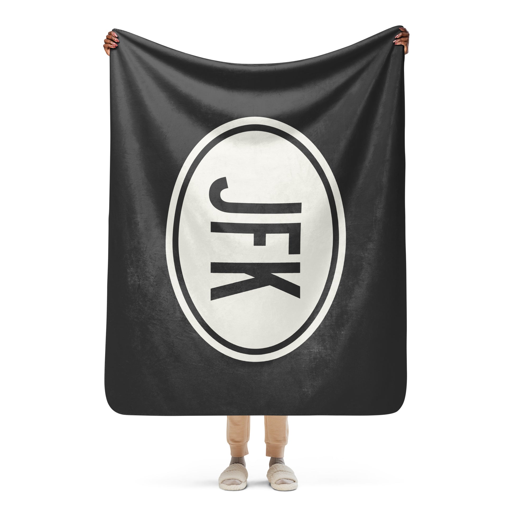 Unique Travel Gift Sherpa Blanket - White Oval • JFK New York City • YHM Designs - Image 04