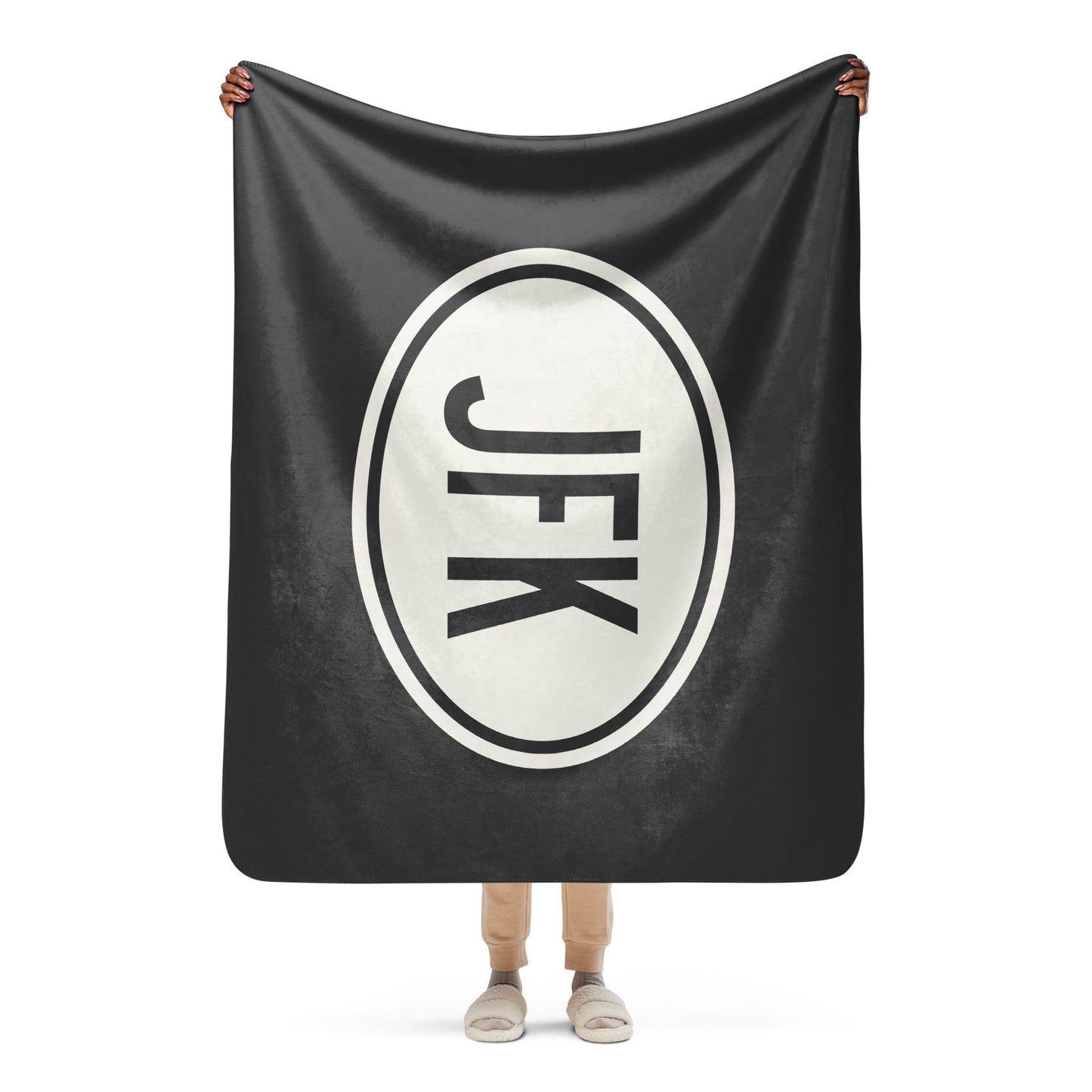 JFK New York City Sherpa Blanket • Eclipse Grey with Oval Car Sticker Design • YHM Designs - Image 04