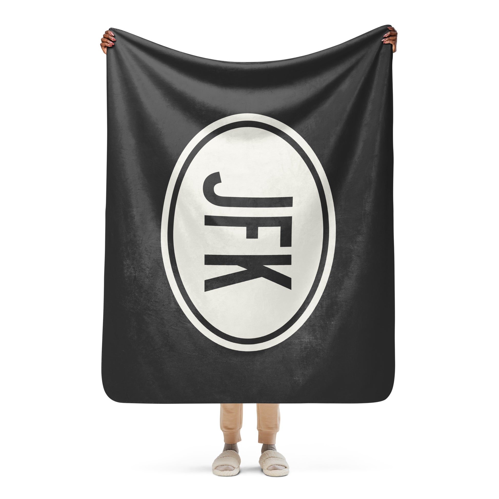 JFK New York City Sherpa Blanket • Eclipse Grey with Oval Car Sticker Design • YHM Designs - Image 04