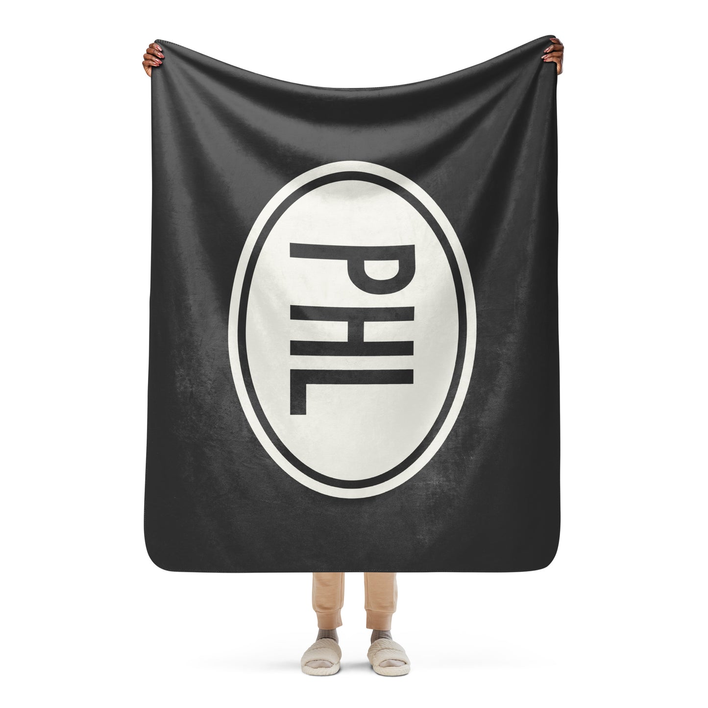 Unique Travel Gift Sherpa Blanket - White Oval • PHL Philadelphia Souvenir • YHM Designs - Image 04