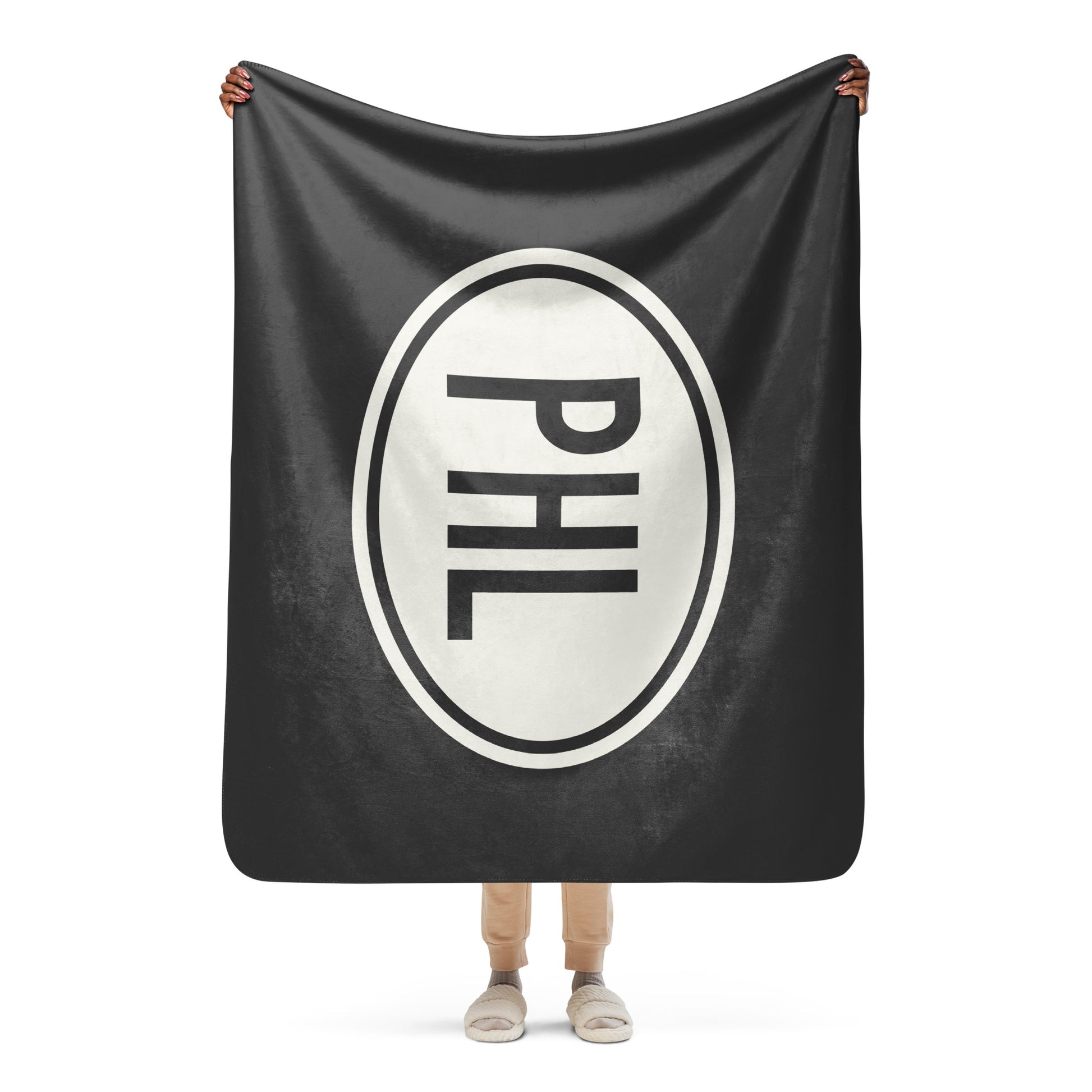 Unique Travel Gift Sherpa Blanket - White Oval • PHL Philadelphia Souvenir • YHM Designs - Image 04