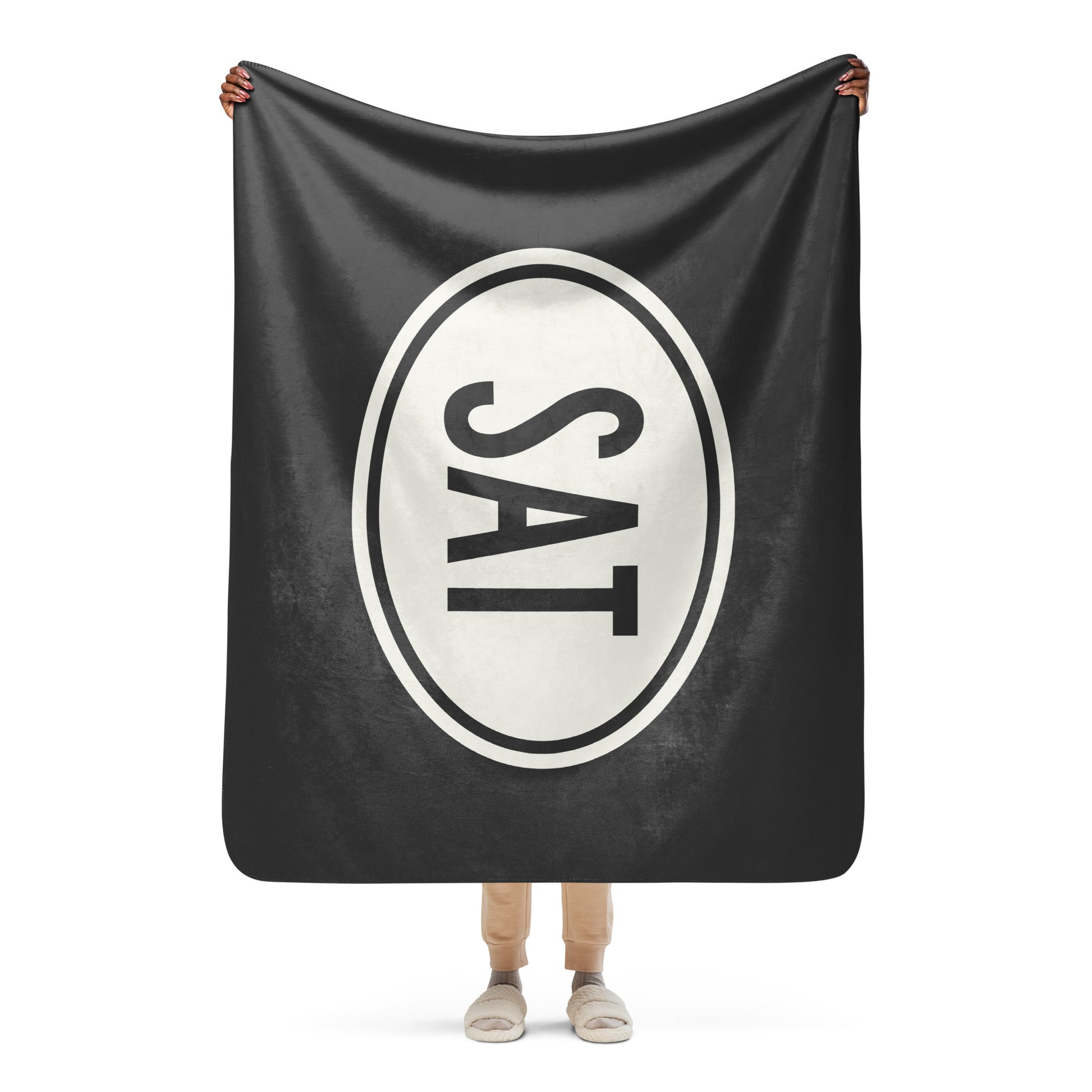 Unique Travel Gift Sherpa Blanket - White Oval • SAT San Antonio Souvenir • YHM Designs - Image 04