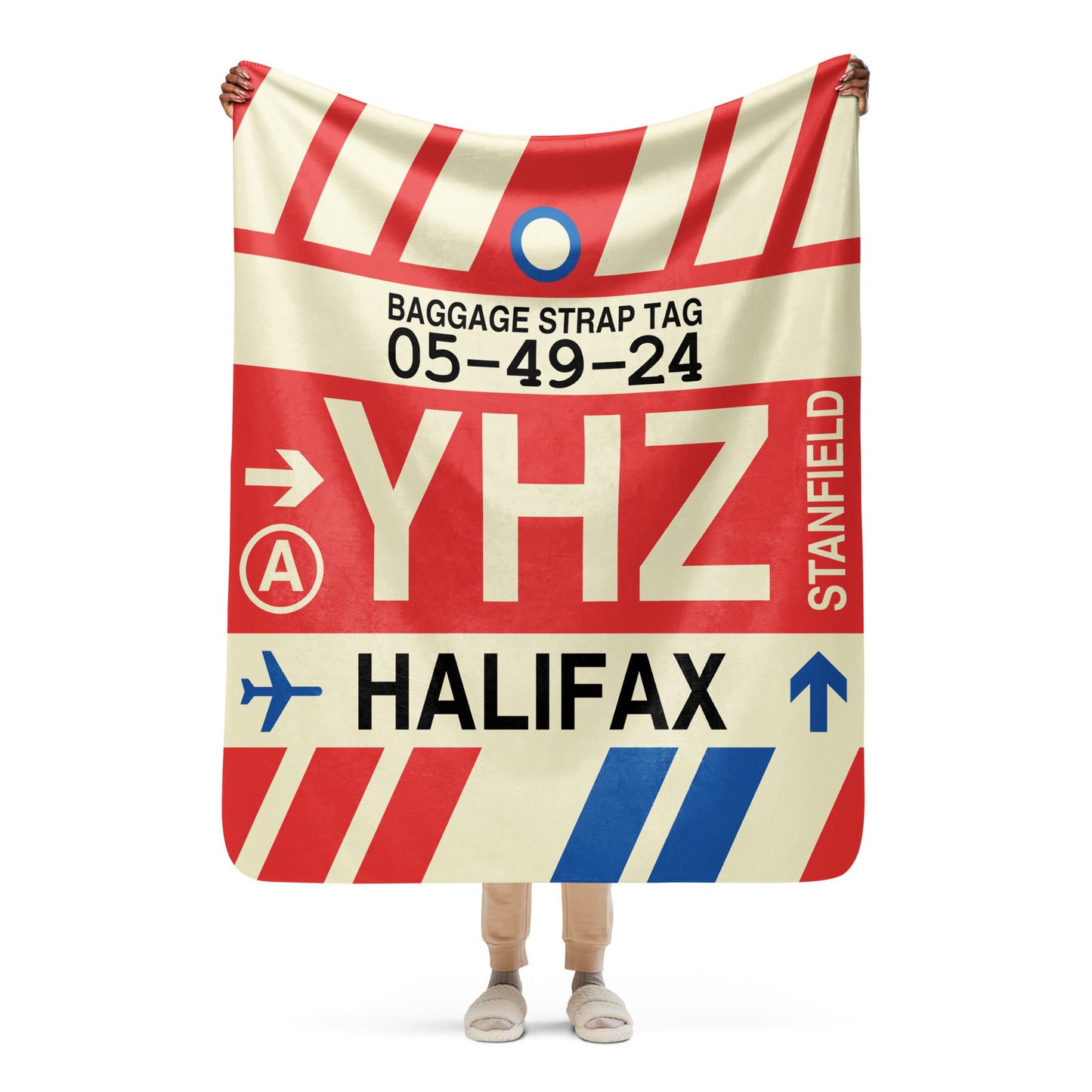 YHZ Halifax Sherpa Throw Blanket • Jet Age Baggage Tag Design • YHM Designs - Image 06