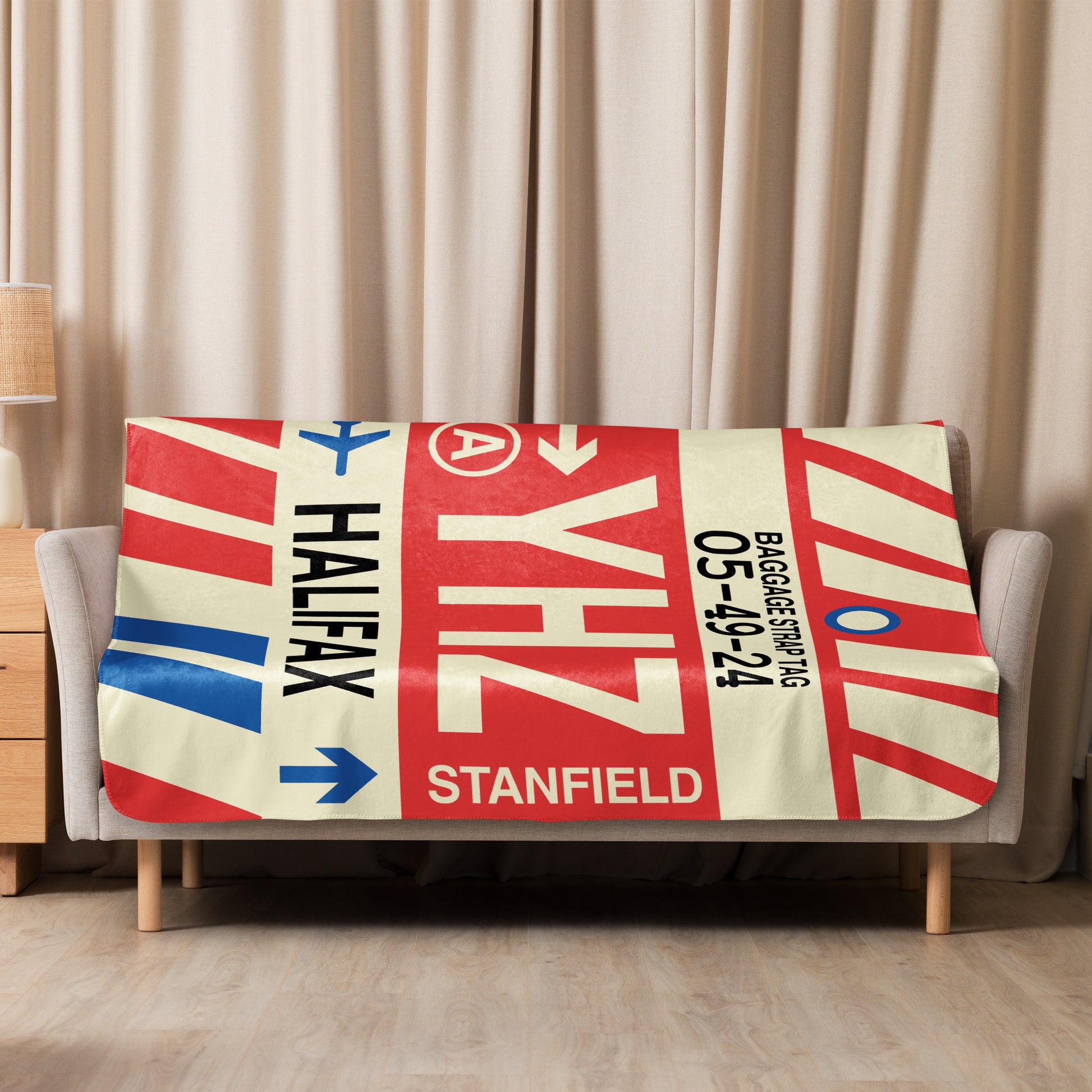 YHZ Halifax Sherpa Throw Blanket • Jet Age Baggage Tag Design • YHM Designs - Image 09