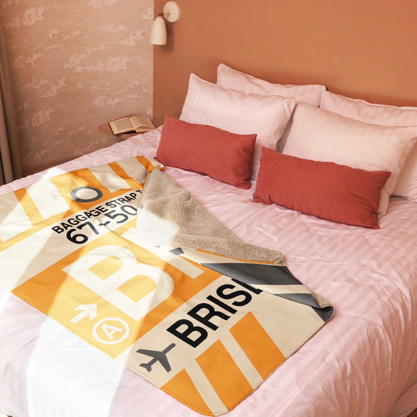 BNE Brisbane Sherpa Throw Blanket • Jet Age Baggage Tag Design • YHM Designs - Image 03