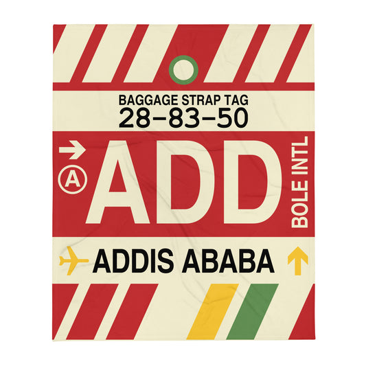 ADD Addis Ababa Throw Blanket • Jet Age Baggage Tag Design • YHM Designs - Image 01