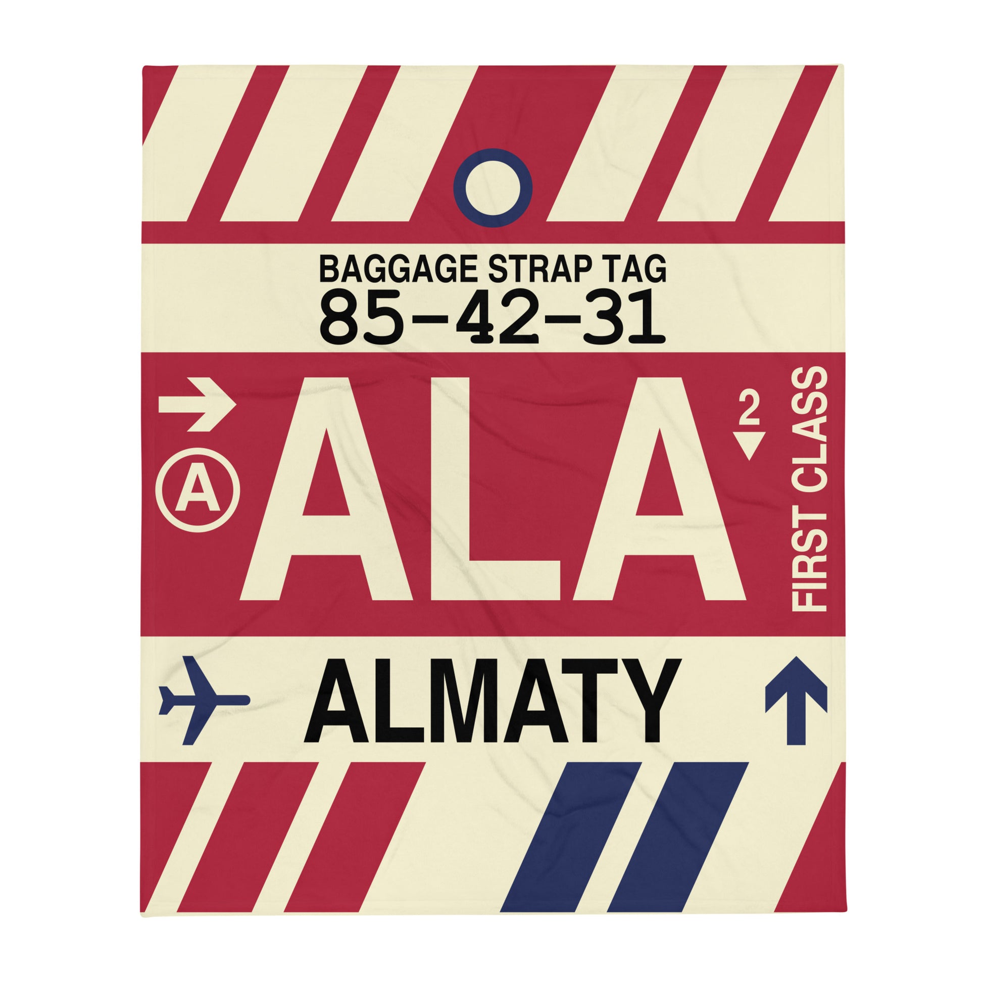 ALA Almaty Throw Blanket • Jet Age Baggage Tag Design • YHM Designs - Image 01