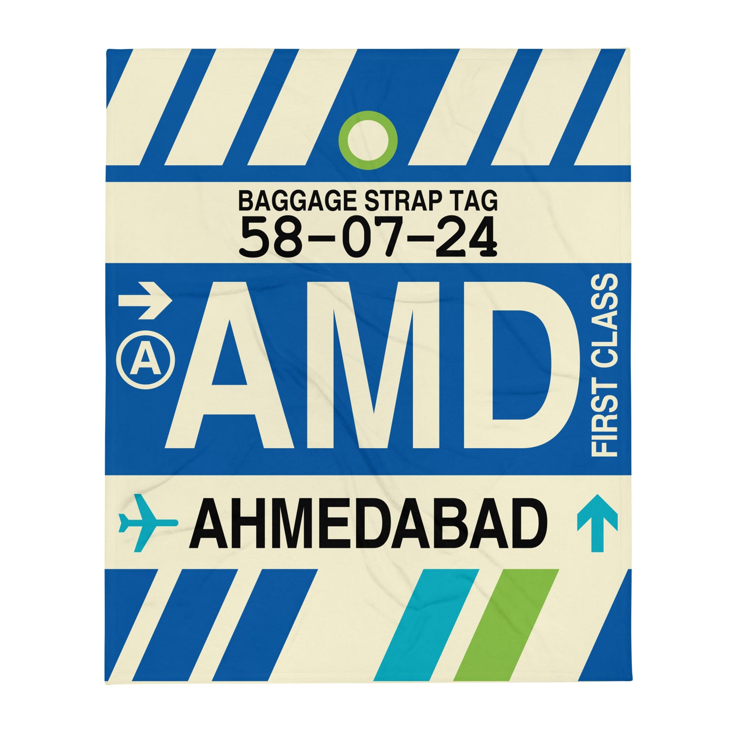 AMD Ahmedabad Throw Blanket • Jet Age Baggage Tag Design • YHM Designs - Image 01