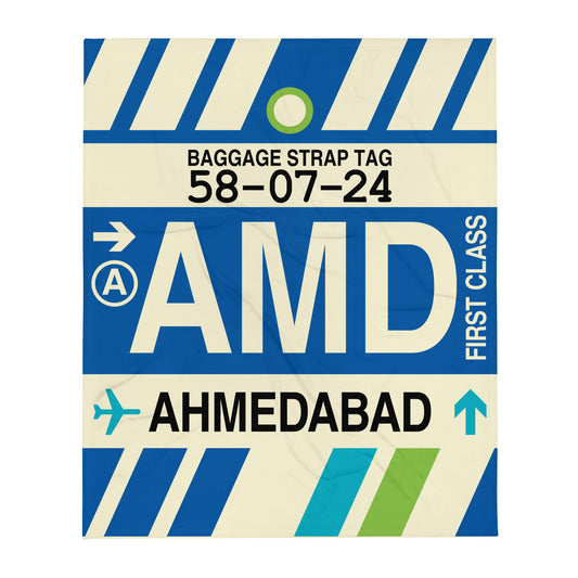 AMD Ahmedabad Throw Blanket • Jet Age Baggage Tag Design • YHM Designs - Image 01