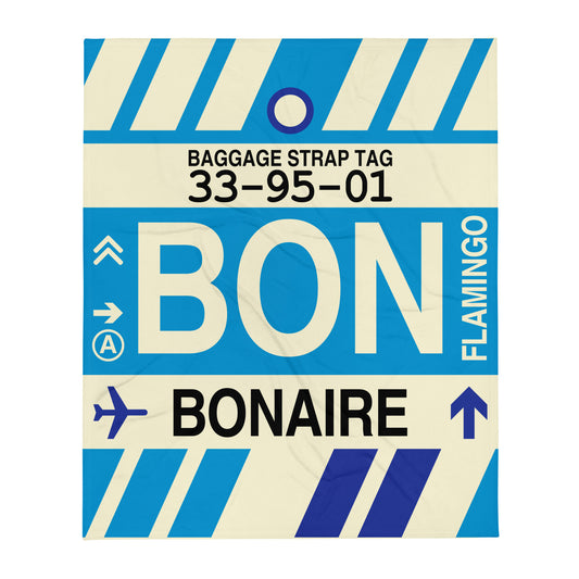 BON Bonaire Throw Blanket • Jet Age Baggage Tag Design • YHM Designs - Image 01