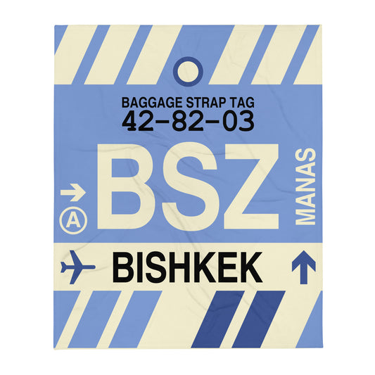 BSZ Bishkek Throw Blanket • Jet Age Baggage Tag Design • YHM Designs - Image 01